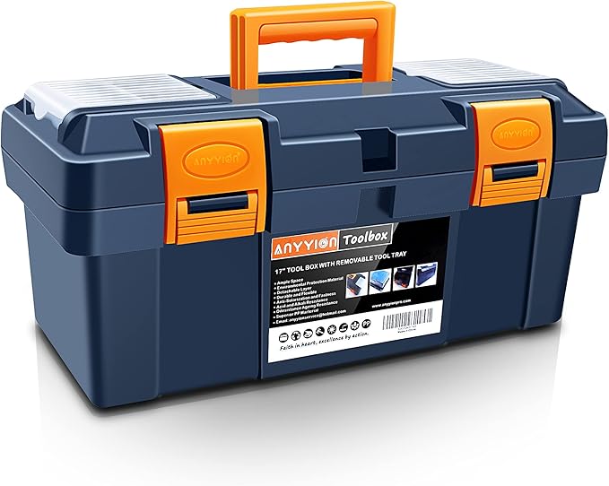 Anyyion 16.5-inch Tool Box with Removable Tray, Small Parts Box On The Lid is Removable, Tray Can be Removed and Combined at Will (Internal Dimensions 15.2x6.89x6.1 inch)