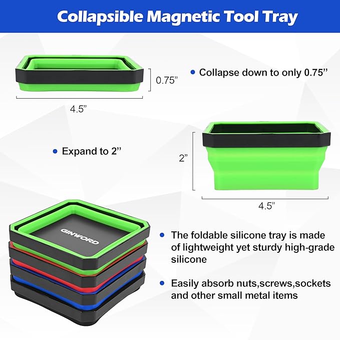 4Pcs Foldable Magnetic Partsn Trays Set with 3LBS Magnetic Pick-up Tool, 4.5" Square Silicone Magnetic Tool for Organizing Screws, Bolts, Nuts, Washers, Pins, and Other Small Metal Parts
