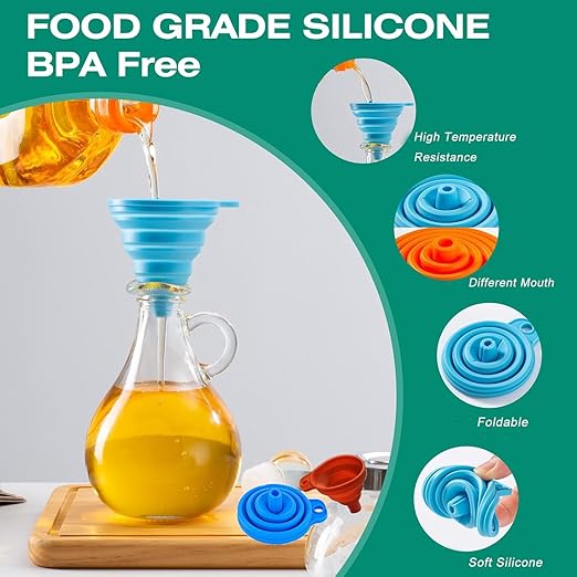 Kitchen Funnel Set of 3,Small,Medium and Large,Kitchen Gadgets Accessories Foldable Silicone Collapsible Food Grade Funnels for Kitchen Use Daily Cooking Filling Bottles Liquid Powder Transfer