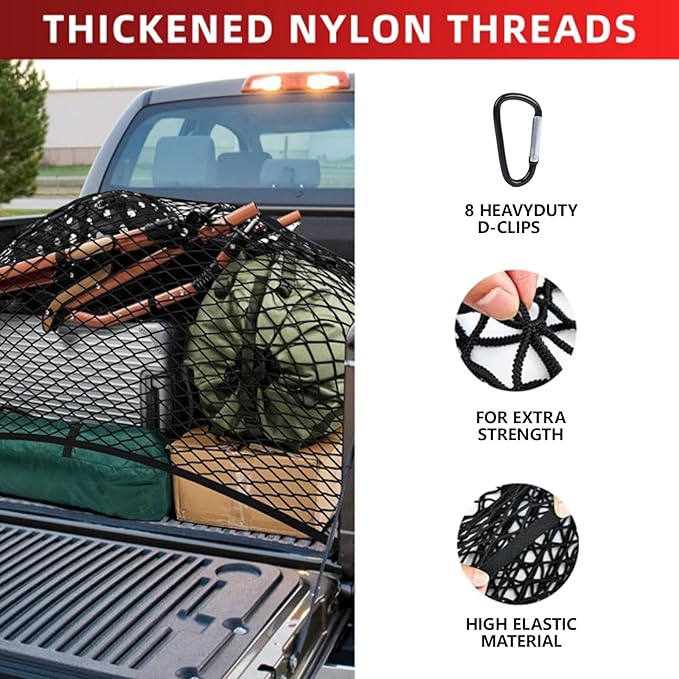 Cargo Net for Pickup Truck Bed - Heavy Duty Stretchable 4x4 to 8x8 Elastic Mesh with 8 Heavy-Duty Steel Hooks, Windproof Design Secures Loose Items for Trucks, SUVs, ATVs & Boats