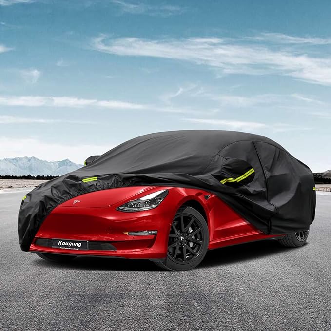 Kaugung 7 Layers Car Cover Custom Fit Tesla Model 3 from 2017 to 2025, Outdoor Waterproof All Weather Sun Rain Dust Snow Protection with Zipper Door.