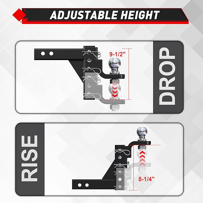 TYT Adjustable Trailer Hitch Ball Mount, 2" Towing Ball 7500 LBS, 9-1/2" Drop and 8-1/4" Rise, Fits 2-in Receiver with 2 Pin&Clips and 5/8" Premium Pin Lock for Heavy Duty Truck