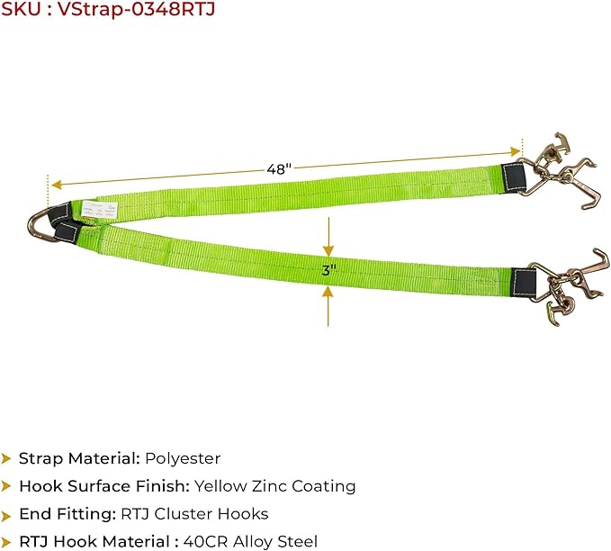 Mytee Products Tow Straps V Bridle 3" x 48" w/RTJ Clusters, Hi VIZ/HI Abrasion Green Webbing, 5400 lbs WLL | Recovery V Strap w/Reinforced Webbing for Towing, Wrecker, Rollback, Car Hauler