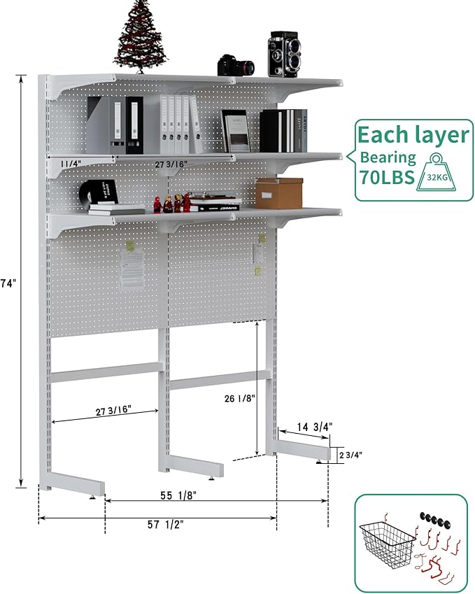 JWX Standing Pegboard Shelf Unit, White Gaming Home Office Garage Cabinets with Metal Pegboard and 15 Pieces Organizer Tool Holders