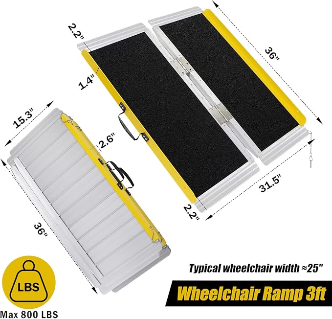 Portable Wheelchair Ramp 3FT, Foldable Ramps for Wheelchairs, Aluminum Handicap Ramp with Non-Slip Surface, Wheelchair Ramps for Home Steps, Stairs, Doorways, Curbs, 800LBS Capacity, FSA Eligible