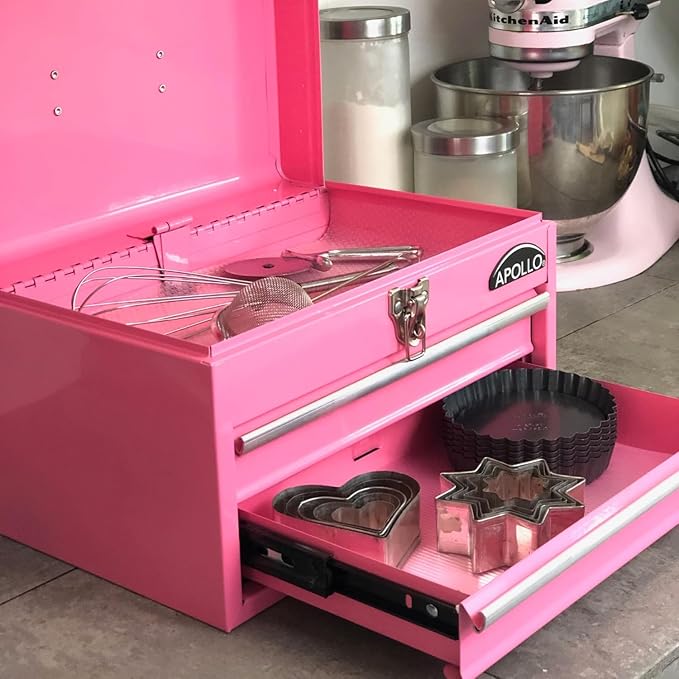 Apollo Tools 14 Inch Steel Tool Box with Deep Top Compartment and 2 Drawers in Heavy-Duty Steel With Ball Bearing Opening and Powder Coated Finish - Pink Ribbon - Pink - DT5010P