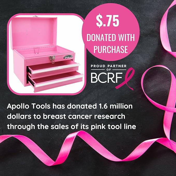 Apollo Tools 14 Inch Steel Tool Box with Deep Top Compartment and 2 Drawers in Heavy-Duty Steel With Ball Bearing Opening and Powder Coated Finish - Pink Ribbon - Pink - DT5010P