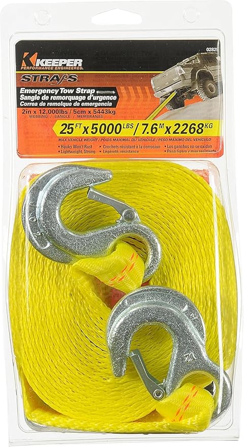 KEEPER Tow Straps Heavy Duty with Hooks - 2" x 25' Towing and Recovery Strap, 12,000 lbs Break Strength - Durable Zinc-Plated Hooks for Emergency Towing of Cars and Trucks