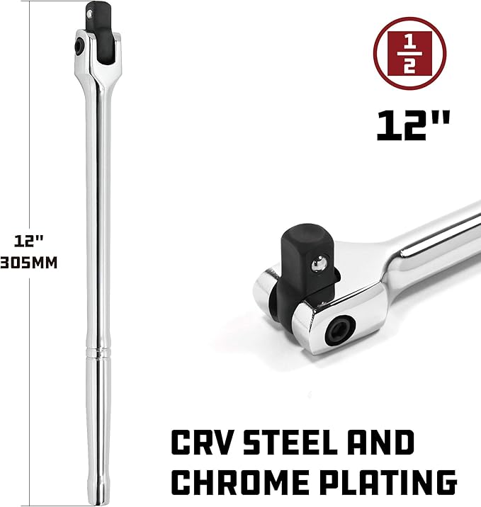 Powerbuilt 1/2" Drive Flex Handle, 12 Inches Long Extension Breaker Bar, Chrome Vanadium Steel Made-642504