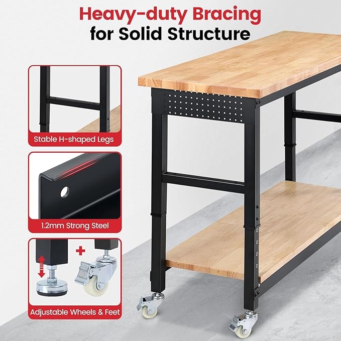 ENJOYWOOD 60" x 22" Rolling Workbench Adjustable Height Work Table with Wheels, Under Table Shelf, Pegboard & Power Outlets Heavy Duty Rubberwood Top for Garage, Office & Home