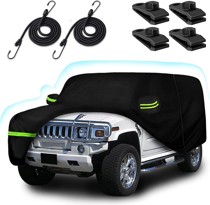 6 Layers Car Cover for Hummer H2 SUV 2002-2009, 210T Waterproof Sun Rain UV Dust Snow Protection Outdoor H2 Full Car Cover with Windproof Gust Strap and Zipper Door-Black