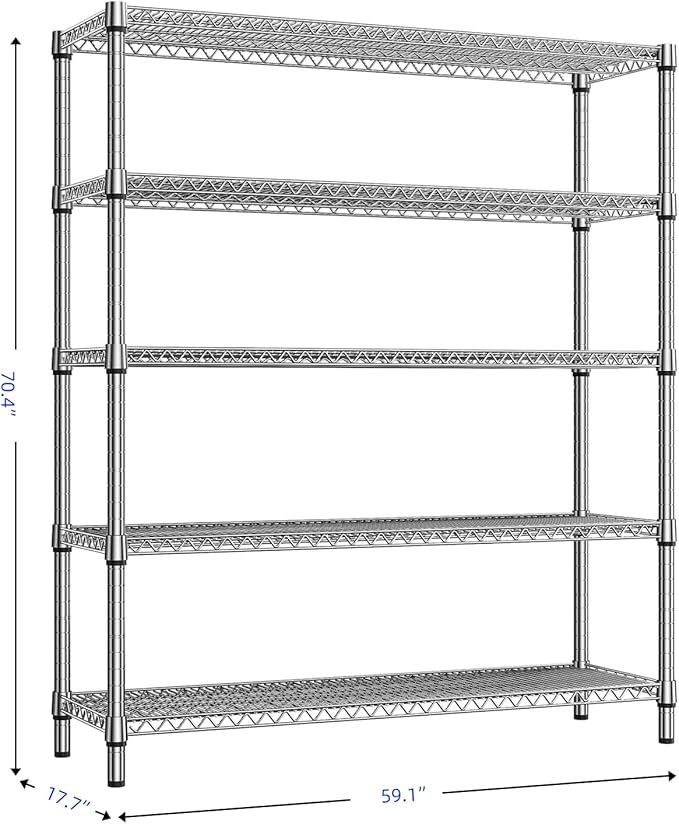 M MZG 3500LBS 59" W 5 Tier Storage Shelves Rack Metal Wire Shelving Unit, Storage Standing Shelf Organizer for Laundry Bathroom Kitchen Pantry Closet Garage, Chrome 17.7" D x 59.1" W x 70.4" H