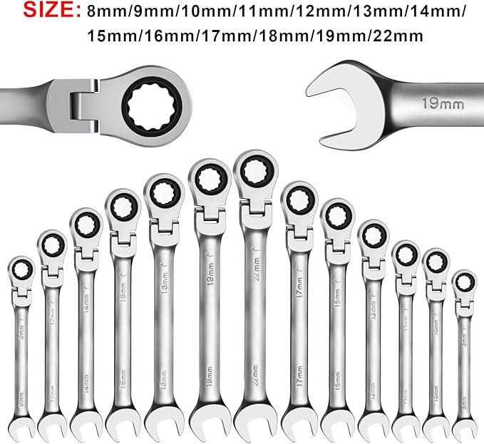 WISEUP Ratchet Wrench, 11 mm Industrial Grade Wrench, with 180 ° Flex Head Ratcheting Wrench, Cr-V Forged Anti-rust Anti-bending Hand Tools