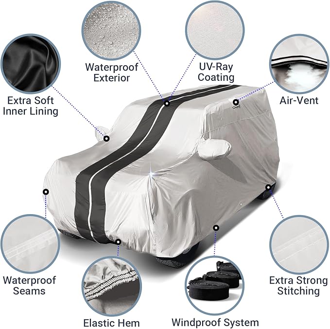 iCarCover Premium Custom SUV Cover for 2019-2026 Honda Passport Heavy Duty Waterproof All Weather Rain UV Sun Protector Custom Fit Full Exterior Indoor Protection Car Cover (Stripe - Light Gray/Black)