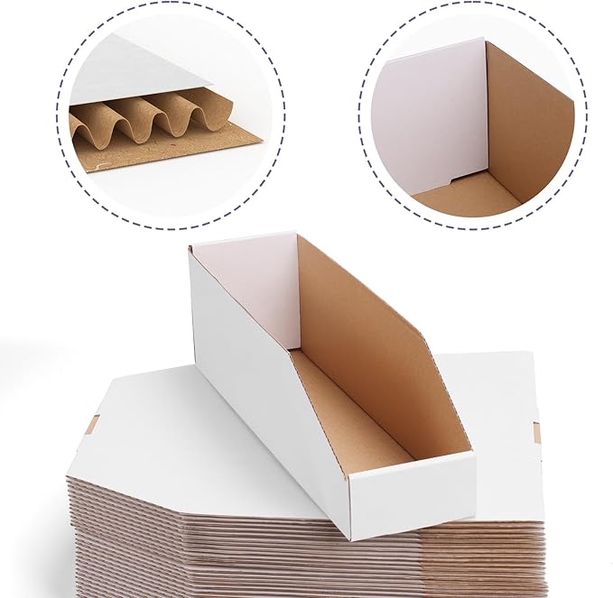EXYGLO Cardboard Storage Bins 35 Pack, 15x4x4.5 Inch Cardboard Boxes, Corrugated Organizer Bins for Pantry, Shelves, Garage, Office, Shop, White