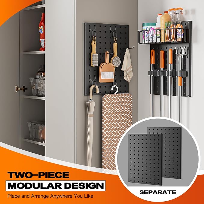 Broom Holder Wall Mount, Peg Board Wall Organizer with Mop Hanger Gripper Hooks Basket, Laundry Room Organization and Storage with Cleaning Supplies Organizer, Metal Pegboard for Utility Closet Garage