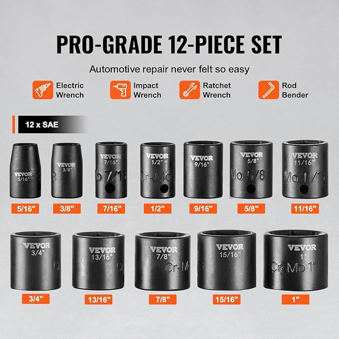 VEVOR 3/8" Drive Impact Socket Set, 12 Piece Shallow Socket Set SAE 5/16"-1", 6 Point Cr-Mo Alloy Steel for Auto Repair, Easy-to-Read Size Markings, Rugged Construction, Includes Storage Case