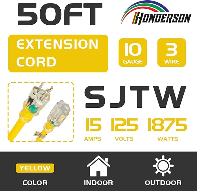 Indoor Outdoor Extension Cord Weatherproof with Lighted End, UL Listed, 10 Gauge 50FT Yellow 3 Prong Heavy Duty, 10/3 SJTW 15A Power Cord for Outdoor Lights, Lawn