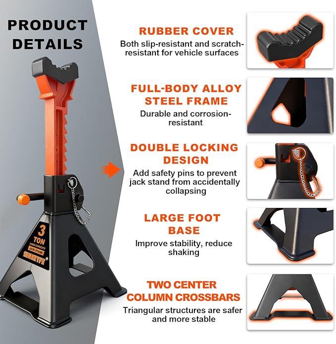 3 Ton (6,600 LBs) Jack Stands with Crossbars,Double Pin Locking,Rubber Cover,Large Foot Base,12"-16" Adjustable Height,Heavy Duty Car Jack Stands,Lifting SUV,MPV,Pickup Truck,ATV/UTV,2 Pack