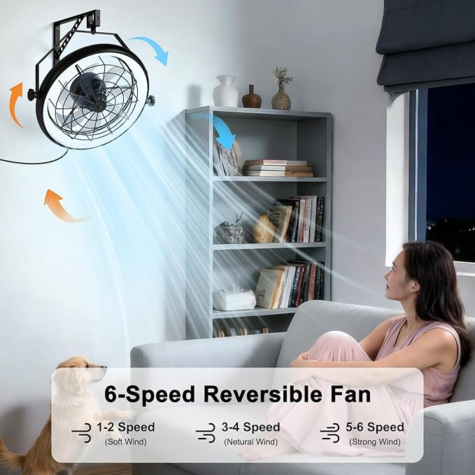 23" Wall Mount Fan with Light,3 CCT, Dimmable,Quiet 6 Speed Wall Mounted Fan with Remote/App Control, Timer, 360° Adjustable Tilt Plug in Wall Fan for Garage,Patio,Tool Room,Home