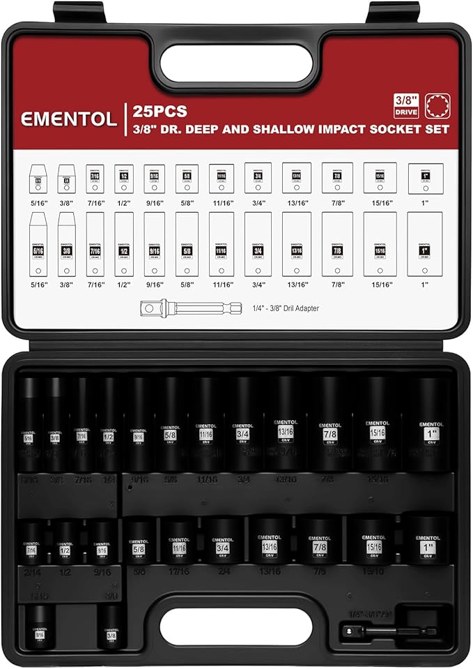 EMENTOL 3/8" Drive Impact Socket Set, 25PCS, SAE(5/16"- 1"), Deep and Shallow, 12 Point, Includes Drill Bit Adapter