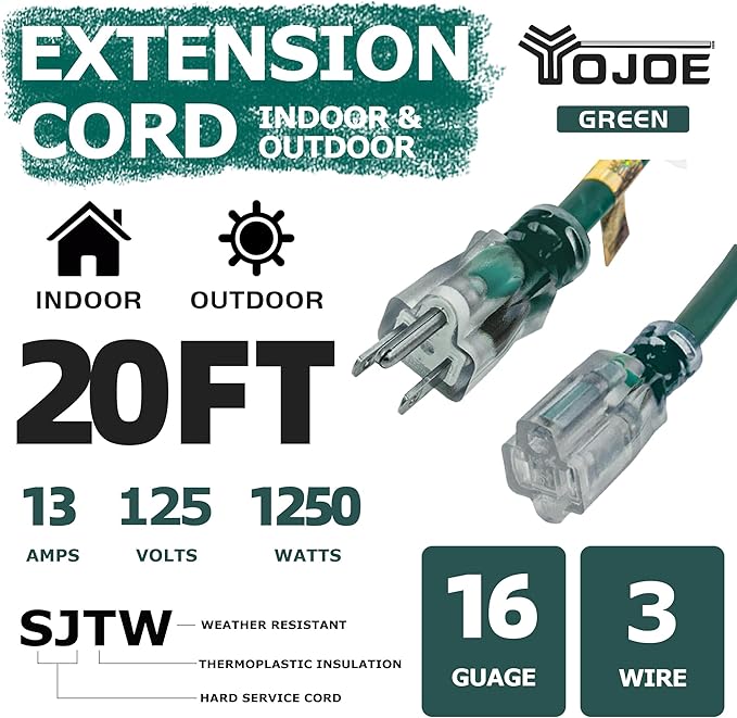YOJOE Indoor Outdoor Extension Cord with Lighted End, 3 Prong 13A Weatherproof Power Cord, 16 Gauge Heavy Duty 20 ft Green Extension Cord for Garage, Garden and Home, 16/3 SJTW UL Listed