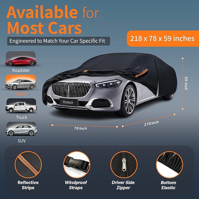 Waterproof Car Cover All-Weather, Heavy-Duty Outdoor Full Exterior Automobiles Snow Cover for Sedan 209-218 inch with Sun Visor,Zippered & Storage Bag - Black
