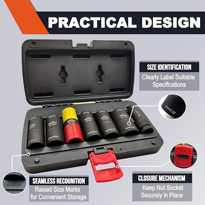 2-1 Double Ended Damaged Wheel Nut Socket 1/2-Inch Impact Socket Wall Impact Flip Socket 7 Piece Set 17 x 17.5mm 19 x 19.5mm 21 x 21.5mm 22 x 22.5mm 27 x 27.5mm 19 x 21mm 5" extension bar