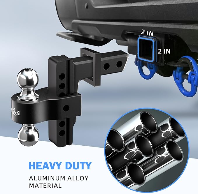 Adjustable Trailer Truck Drop Hitch - Fits 2 Inch Receiver Only, 8 Inch Drop Dual Ball Mount 2" and 2-5/16" Up to 12,500 LBS GTW, Heavy Duty Aluminum Towing Hitch with 2 Hitch Locks & 4 Silencer Pads
