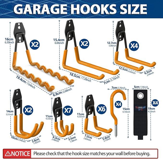 3-H Garage Wall Hooks Heavy Duty 31 Pack, Anti-Slip Steel Wall Mount Storage Hooks for Hanging Ladder Garden Yard Tools, Utility Organizer for Garage Lawn Shed (Orange)