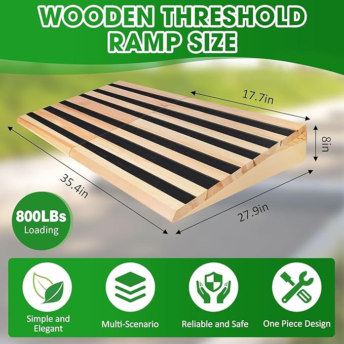 8" Rise Wooden Threshold Ramp for Home Steps, Door Ramp for Wheelchair/Walker/Cart/Scooter, Multipurpose Door Ramp with Non-Slip Stripes(35.4" W*8.0" H, Solid Wood, 800LBs Capacity)