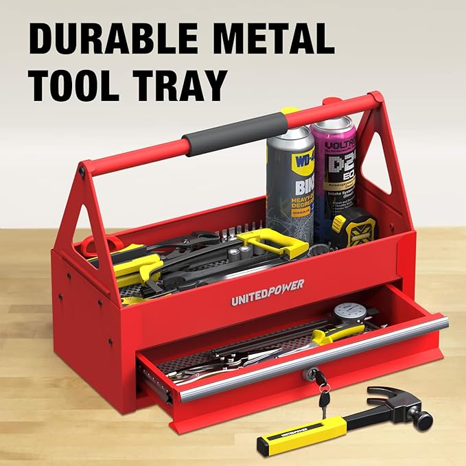UNITEDPOWER Handy Tool Box With 1 Drawer，Portable Metal Tote Tray with comfortable grip handle, Tool Organization for Household, Warehouse, Repair Shop, Red