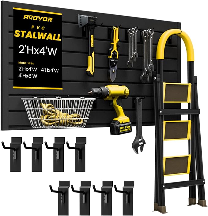 Slat Wall Paneling 4x2 FT, PVC Slat Wall Panels with 8 Hooks Heavy-Duty Garage Organization System, Slatwall Pegboard Suitable for Home、Garage、Shop Wall Display & Organization (Black)