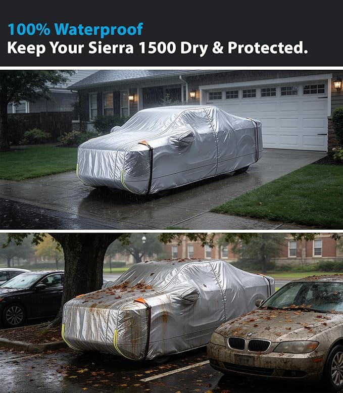 Wigoo GMC Sierra 1500 2500 3500 Truck Car Cover Accessories 2019-2026, Custom Fit Waterproof All Weather Outdoor Pickup Cover, Windproof UV Rain Snow Dust Protection, Door Zipper, Reflective Strips