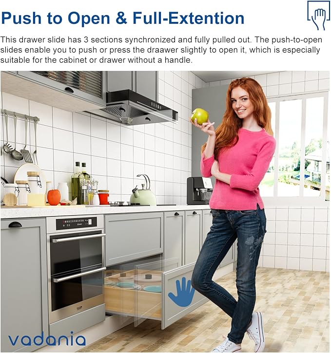 VADANIA 16" Undermount Drawer Slide, Push to Open, Bottom Mounted & Bottom Support, 88 lb Load Capacity, 3-Fold Full Extension, Invisible Drawer Slies,1 Pair(2-Pack)