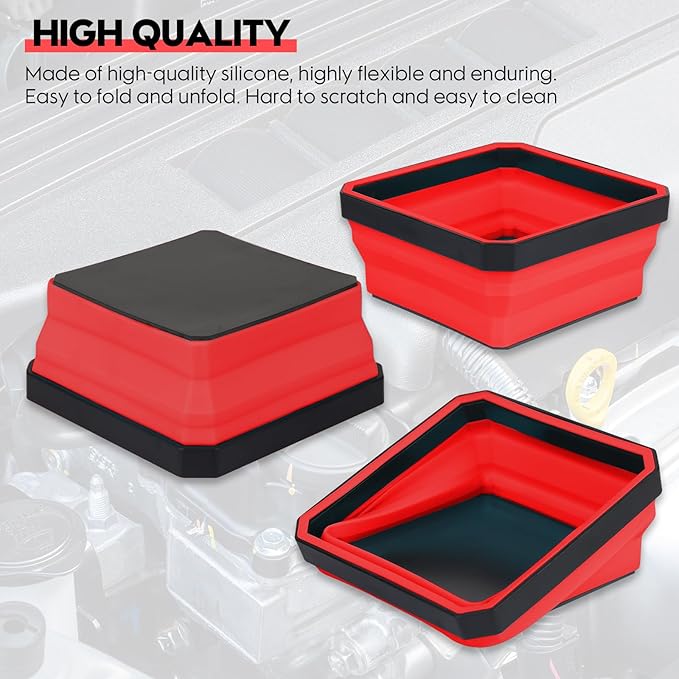 Collapsible Magnetic Trays, 4 Pack Foldable Silicone Magnetic Tool Trays for Small Metal Parts, Bolts, Screws, Nuts, Washers, with Double Sided Magnetic Base, 4.5in Square(Red)