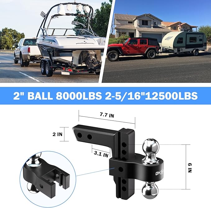 Adjustable Trailer Truck Drop Hitch - Fits 2 Inch Receiver Only, 6 Inch Drop Dual Ball Mount 2" and 2-5/16" Up to 12,500 LBS GTW, Heavy Duty Aluminum Towing Hitch with 2 Hitch Locks & 4 Silencer Pads