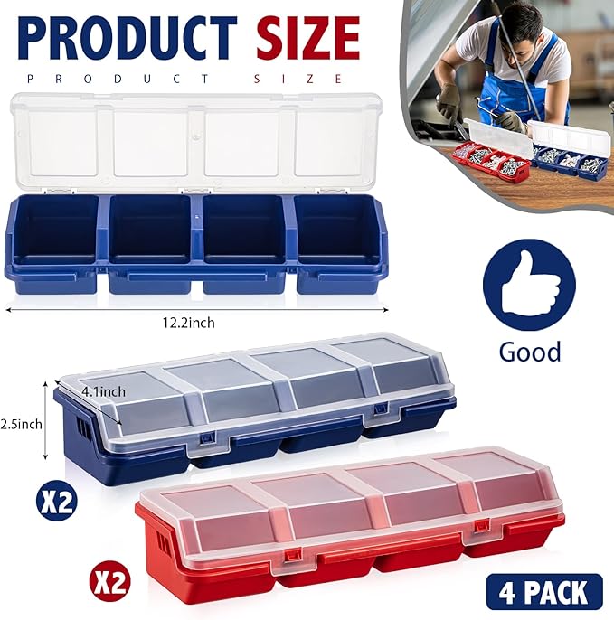 Hushee 4 Pcs Screw Organizer Box with Lid 4 Compartments Tool Bin Divider Plastic Stackable Hardware Organizer Small Part Storage Sorting Screw Box for Garage Workbench Craft Storage (Blue,Red)