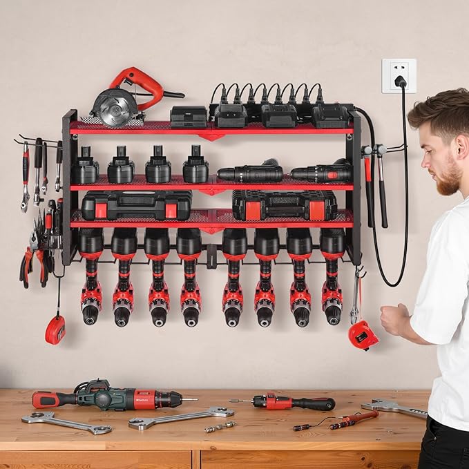 VEVOR Power Tool Organizer with Charging Station, 4-Layer Drill Storage Rack with 8 Drill Holders & Side Pegboard, Garage Tool Organizer Built in 8 Outlet Power Strips for Garage, Workbench, Workshop