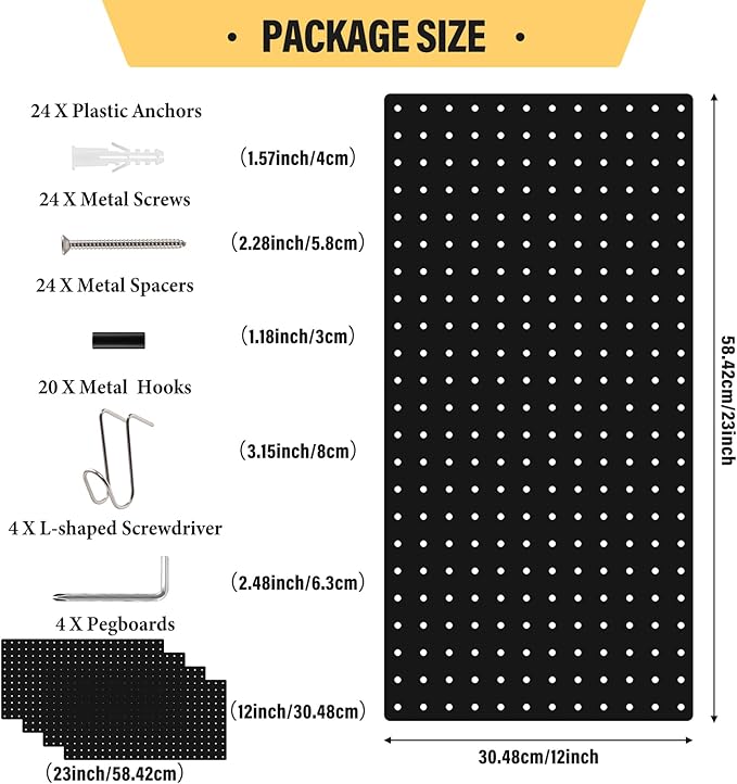 DEWEL Peg Board, 23" x 12" Metal Pegboard Wall Organizer Kit, 4 Pack Pegboard Panels with 20 Hooks,Black Pegboard Tool Wall Organizer System for Garage and Garden(4pcs black)