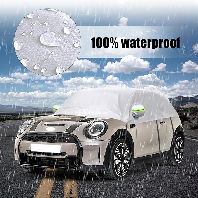 300D Silver Oxford Half Car Cover Compatible with 2000-2024 Mini Cooper/S/Hardtop 2 Dr, Protector Car Body Covers for Windproof Dustproof UV Resistant Protect Your Windshield and Roof