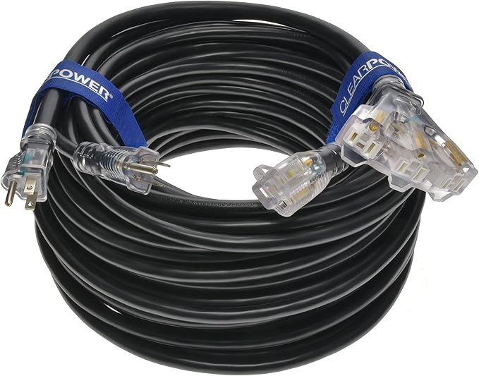 Clear Power Combo Pack 150ft 12/3 SJTW Black Outdoor Extension Cord w/Power Indicator Light & 2ft Black 3-Outlet Adapter w/Power Indicator Light, CP10223