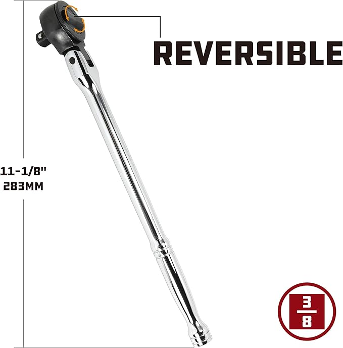 Powerbuilt 3/8" Drive Flex-Head Ratchet Handle, Spin Disc Ratchet for one-finger spin-down and off, Full length spiral-machined Handle - 641506