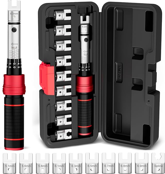 VANPO Spoke Torque Wrench 10–60 in-lb, 1/4" Drive Small Torque Wrench Kit with 9 Spoke Wrench Heads (5.1-6.9mm) & Spline, Motorcycle Spoke Wrench for Mountain, Road Bike & Motorcycle Wheel Maintenance