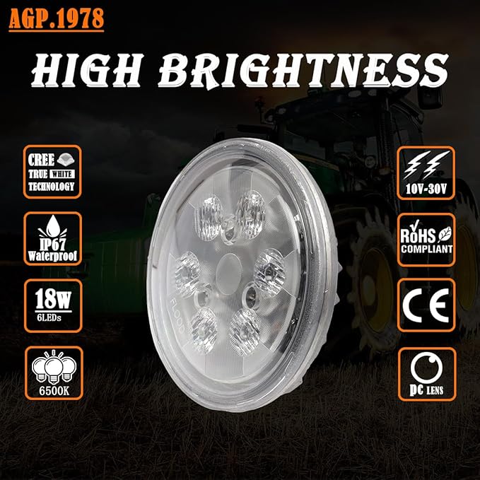Round 18W Agriculture LED Work Light,Par 36 LED Light Replace 4410, 4411 Sealed Beam, Tractor LED Compatible with Allis Chalmers Ford International John Deere Case Tractor Flood 12V