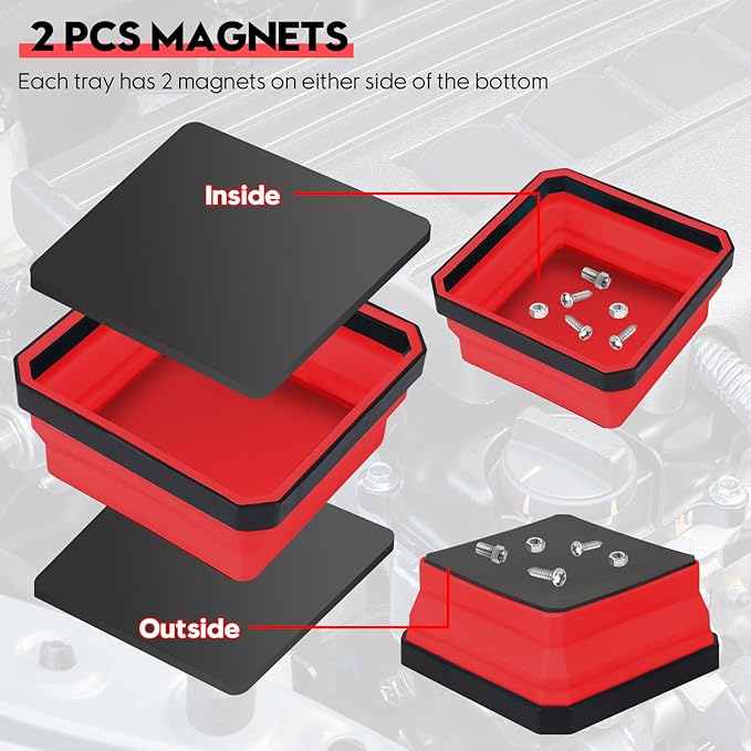 Collapsible Magnetic Trays, 4 Pack Foldable Silicone Magnetic Tool Trays for Small Metal Parts, Bolts, Screws, Nuts, Washers, with Double Sided Magnetic Base, 4.5in Square(Red)
