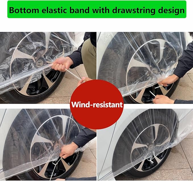 Car Essential Universal Disposable Clear Plastic Car Cover Suitable SUV Sedan (Membrane Size：12.5ft x 21.4ft) with Elastic Band for Outdoor Snow Rain Weather，Individually Packaged, Super Convenient