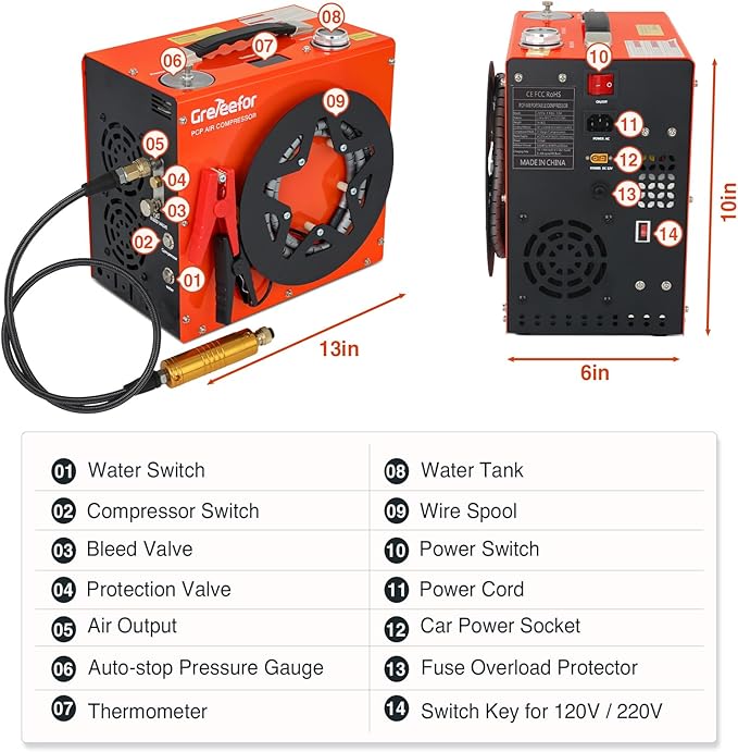 PCP Air Compressor, Max 5800 PSI / 40 MPa,350W High Pressure Portable Pump, Water & Air Cooling, Dual Auto-Stop Gauge, 12V DC & 110V AC, for Air Rifles, Paintball Tanks, HPA Cylinders, Orange
