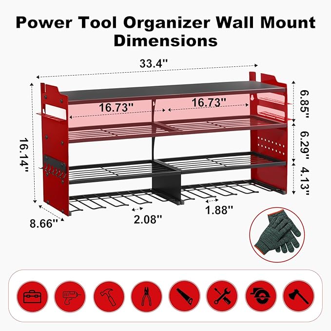 oviitech Large Power Tool Organizer Wall Mount, 8 Drill Holder Wall Mount Loads 400lbs, 4 Layer Heavy Duty Metal Power Tool Storage, Red, Utility Rack for Garage Workshop