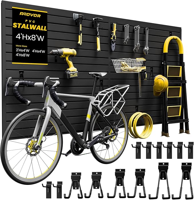 Slat Wall Paneling 4x8 FT, PVC Slat Wall Panels with 16 Hooks Heavy-Duty Garage Organization System, Slatwall Pegboard Suitable for Home、Garage、Shop Wall Display & Organization (Black)